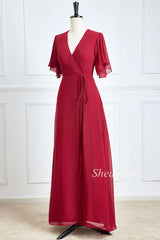 Burgundy Chiffon Surplice Neck Long Bridesmaid Dress