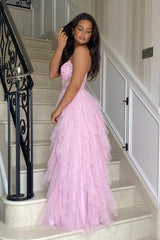 Pink Strapless Layered Gentle Tulle Prom Dress with Applique