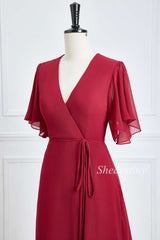 Burgundy Chiffon Surplice Neck Long Bridesmaid Dress