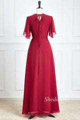 Burgundy Chiffon Surplice Neck Long Bridesmaid Dress