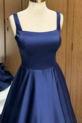 Navy Blue Square Collar A-Line Formal Dress with V-Back