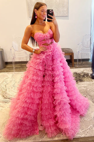 Pink Print Strapless Keyhole Ruffle Tiered Long Gown
