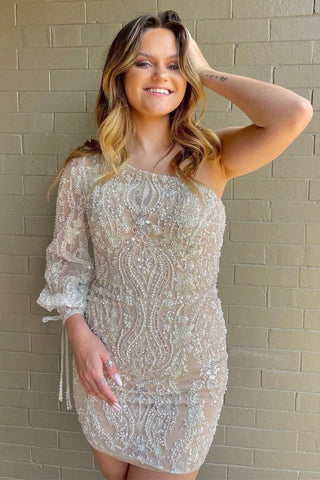 Ivory Beaded One-Sleeve Lace-Up Cocktail Dress