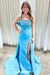 Beaded Corset Blue Mermaid Prom Dress with Bowknot