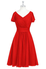 Red Pleated Draped Sleeves V Neck Chiffon Mini Bridesmaid Dress