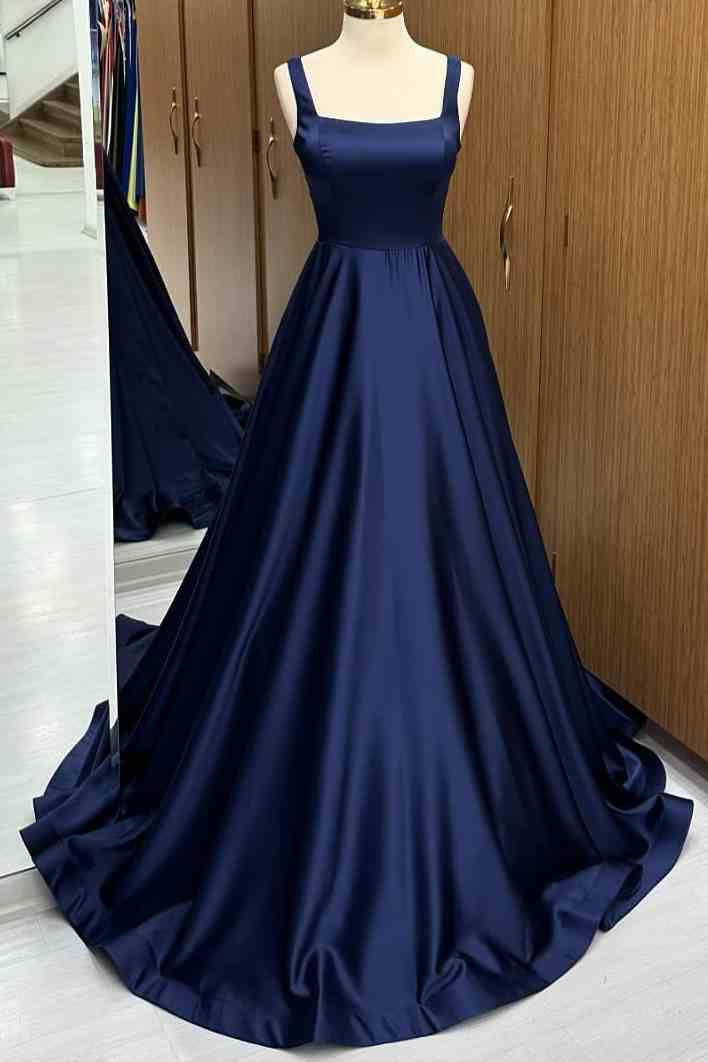 Navy Blue Square Collar A-Line Prom Dress with V-Back