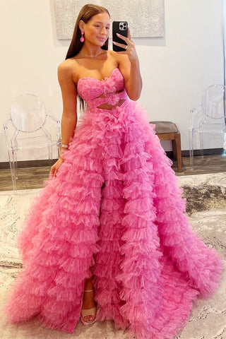 Pink Print Strapless Keyhole Ruffle Tiered Long Gown