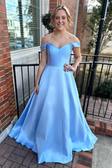 Satin Light Blue Off the Shoulder A-Line Prom Dress