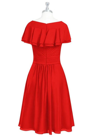 Red Pleated Draped Sleeves V Neck Chiffon Mini Bridesmaid Dress