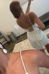 White Beaded V-Neck Lace-Up Back Cocktail Dress with Fringes