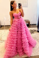 Pink Print Strapless Keyhole Ruffle Tiered Long Gown