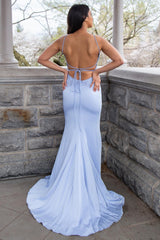 Periwinkle Applique V-Neck Lace-Up Trumpet Long Prom Dress