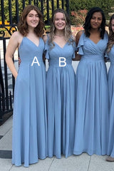 A-Line Dusty Sage Chiffon Ruffles Long Bridesmaid Dress