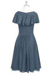 Grey Pleated Draped Sleeves V Neck Chiffon Mini Bridesmaid Dress