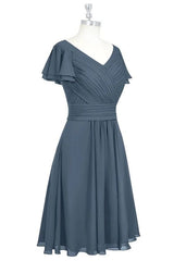 Grey Pleated Draped Sleeves V Neck Chiffon Mini Bridesmaid Dress