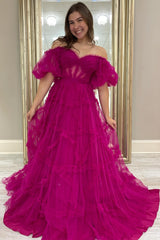 Blue Tulle Off-the-Shoulder Puff Sleeves A-Line Long Prom Dress with Ruffles