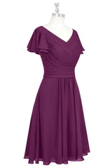 Raspberry Pleated Draped Sleeves V Neck Chiffon Mini Bridesmaid Dress