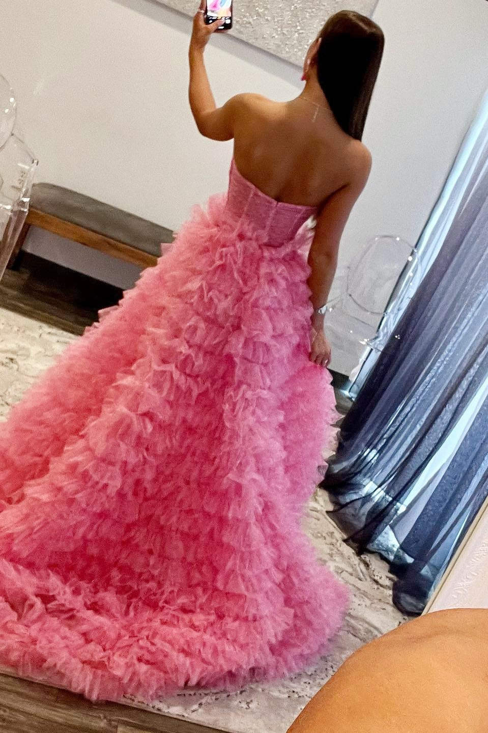 Pink Print Strapless Keyhole Ruffle Tiered Long Gown