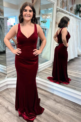 Burgundy Velvet V-Neck Mermaid Long Formal Dress