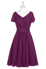 Raspberry Pleated Draped Sleeves V Neck Chiffon Mini Bridesmaid Dress