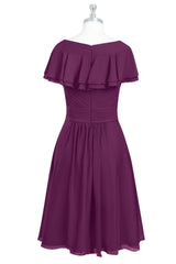 Raspberry Pleated Draped Sleeves V Neck Chiffon Mini Bridesmaid Dress