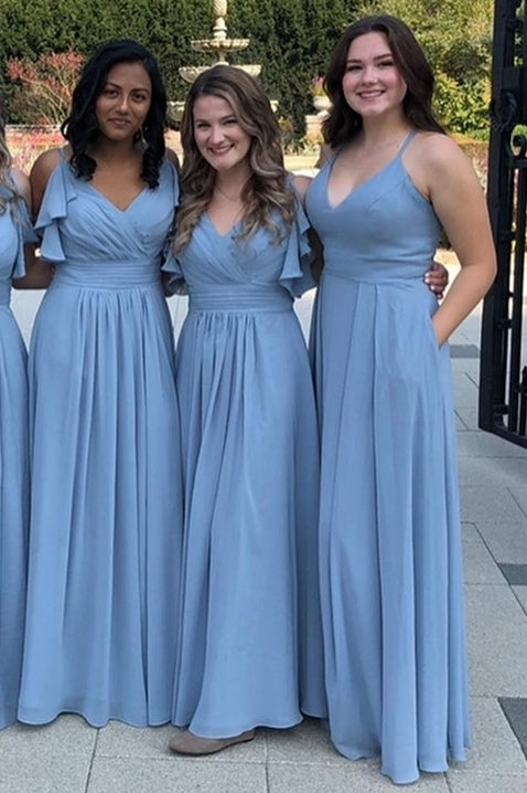 A-Line Dusty Sage Chiffon Ruffles Long Bridesmaid Dress