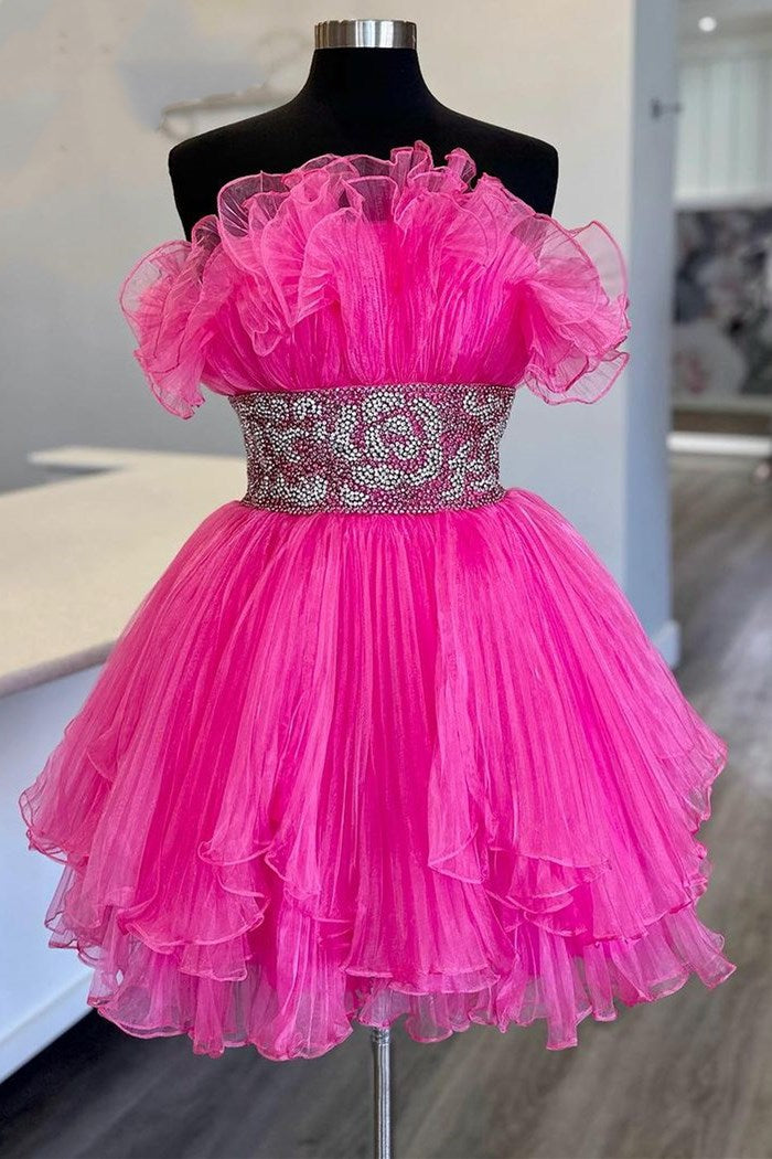 Pink Strapless Beaded Ruffle Tiered Short Homecoming Dress