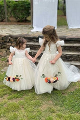 Ivory Flutter Sleeves Appliques Tulle Long Flower Girl Dress