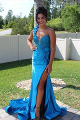 Blue Applique One Shoulder Mermaid Long Formal Gown with Slit