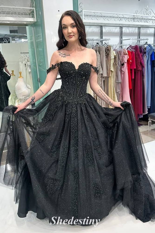 Long Sleeves Sequins Prom Dress Off the Shoulder Sweetheart Dress Y6610