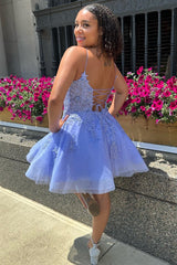 Periwinkle Tulle Lace-Up A-Line Short Homecoming Dress with Appliques