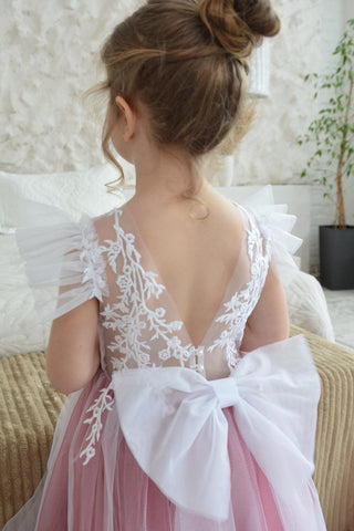 Light Magenta Tulle Bow-Back A-Line Flower Girl Dress with Short Ruffles Sleeves