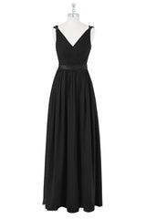 Black Deep V Neck Pleated Chiffon Long Bridesmaid Dress with Sash