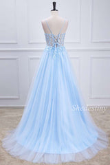 Light Blue Sheer Bodice Lace-Up A-Line Long Prom Dress