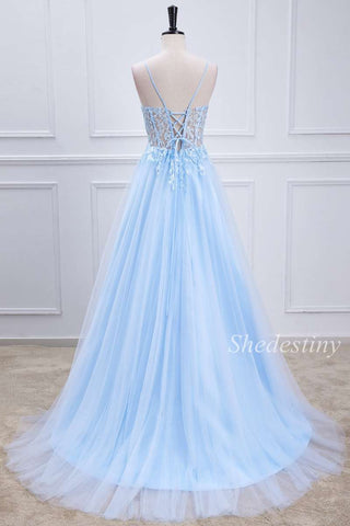 Light Blue Sheer Bodice Lace-Up A-Line Long Prom Dress
