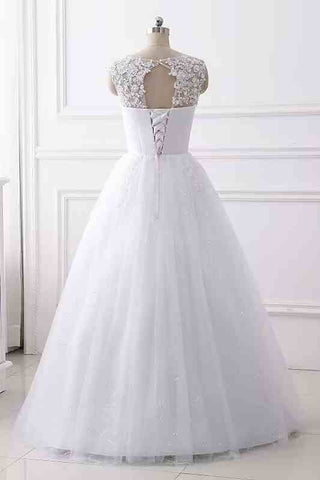 White Lace Applique V Neck A-Line Wedding Dress with Beading