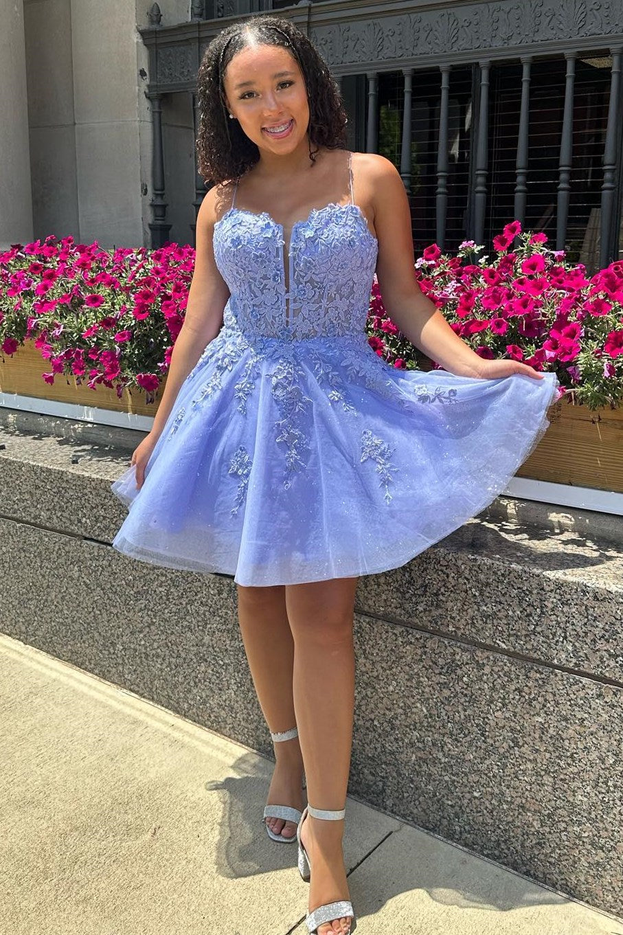 Periwinkle Tulle Lace-Up A-Line Short Homecoming Dress with Appliques