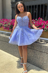 Periwinkle Tulle Lace-Up A-Line Short Homecoming Dress with Appliques