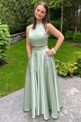 Two-Piece Halter A-Line Long Bridesmaid Dress with Pockets