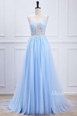 Light Blue Sheer Bodice Lace-Up A-Line Long Prom Dress