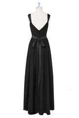 Black Deep V Neck Pleated Chiffon Long Bridesmaid Dress with Sash