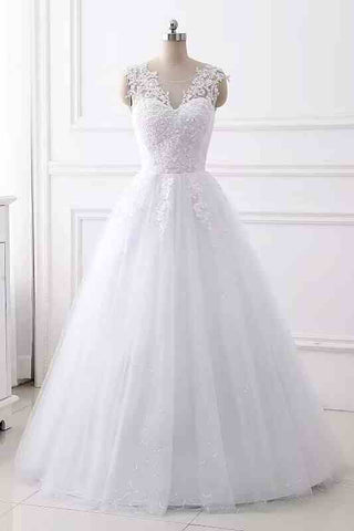 Lace Applique V Neck A-Line Wedding Dress with Beading