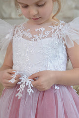 Light Magenta Tulle Bow-Back A-Line Flower Girl Dress with Short Ruffles Sleeves