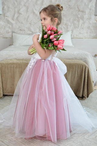 Light Magenta Tulle Bow-Back A-Line Flower Girl Dress with Short Ruffles Sleeves