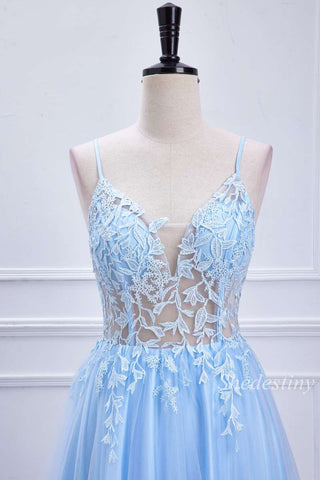 Light Blue Sheer Bodice Lace-Up A-Line Long Prom Dress
