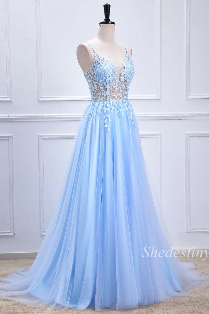 Light Blue Sheer Bodice Lace-Up A-Line Long Prom Dress