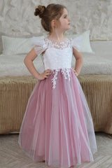 Light Magenta Tulle Bow-Back A-Line Flower Girl Dress with Short Ruffles Sleeves