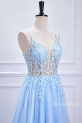 Light Blue Sheer Bodice Lace-Up A-Line Long Prom Dress