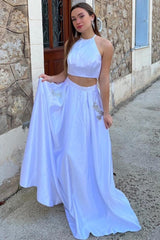 Two-Piece Halter A-Line Long Bridesmaid Dress with Pockets