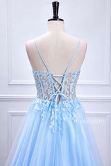 Light Blue Sheer Bodice Lace-Up A-Line Long Prom Dress